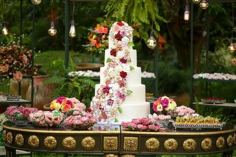 Wedding cake table decorated with mockup, flowers and candy 库存照片