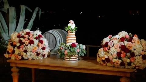 Wedding cake takes center stage at a charming outdoor summer wedding dinner. Stock Footage 263942653