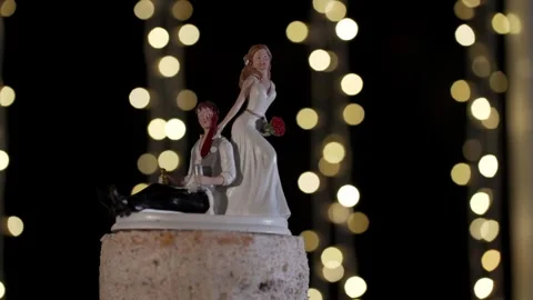 Wedding cake topper figurines with string light background Stock Footage 328733017