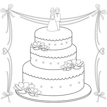 Wedding cake. Vector black and white coloring page Stock Illustration