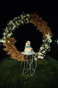 Wedding cake at the wedding in the evening on the background of the arch Stock Photos