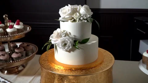 Wedding Cake at Wedding Reception / Dessert Table Slow Motion 120fps Stock Footage 148499657
