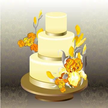 Wedding cake with yellow iris flower design. Stock Illustration