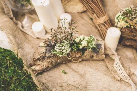 Wedding candles wedding composition on the grass 写真素材