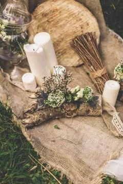Wedding candles wedding composition on the grass 写真素材