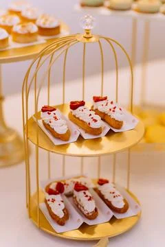 Wedding candy bar decoration setup with delicious cakes Stock Photos
