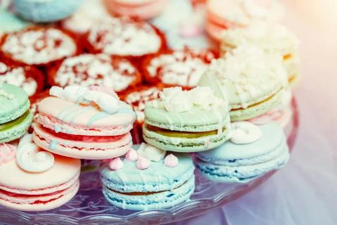 Wedding candy bar. Dessert table with a macaroons Stock Photos
