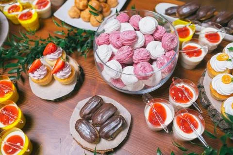Wedding candy bar, marsh-mallows in aquarium 写真素材