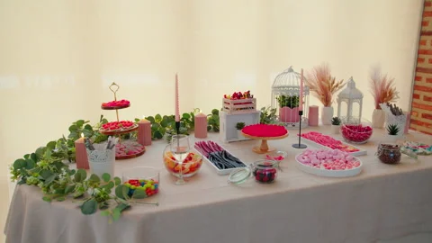 Wedding candy table serving various sweets and desserts. Vídeos de archivo 345548819