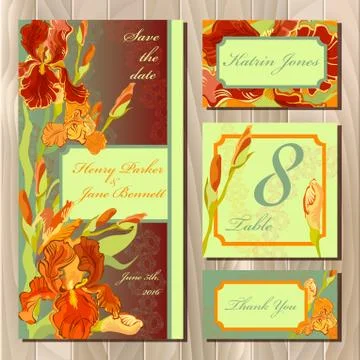 Wedding card design with red iris flowers. Printable vector illustration Stock Illustration