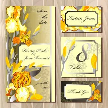 Wedding card design with yellow iris flowers. Stock Illustration