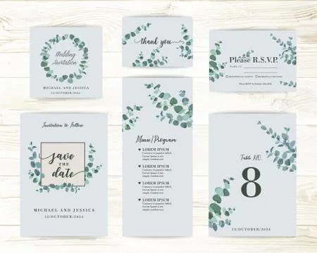 Wedding card with eucalyptus leaves. Rustic style with place for your text Stock Illustration