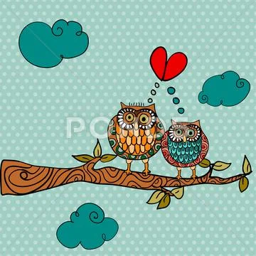 Wedding card lovely owls background Stock Illustration
