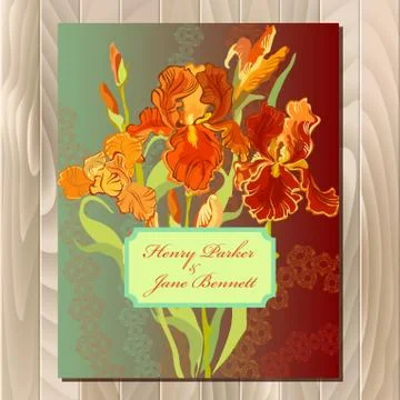 Wedding card with red iris flower wreath background. Vector illustration Stock Illustration
