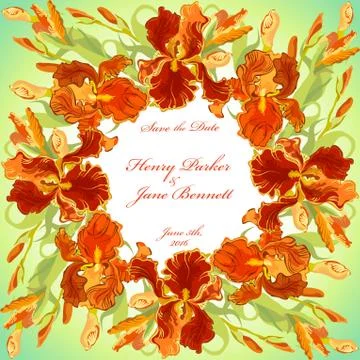 Wedding card with red iris flower wreath background. Vector illustration Stock Illustration