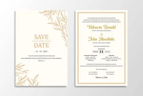 Wedding Card Template Invitation with Simple Gold Leaves Stock Illustration
