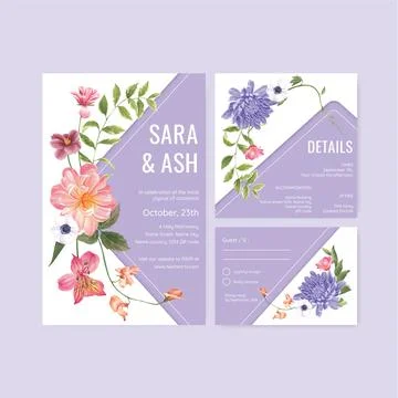 Wedding card template with spring bright concept design watercolor illustrati Stock Illustration