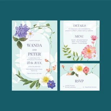 Wedding card template with spring bright concept design watercolor illustrati Stock Illustration