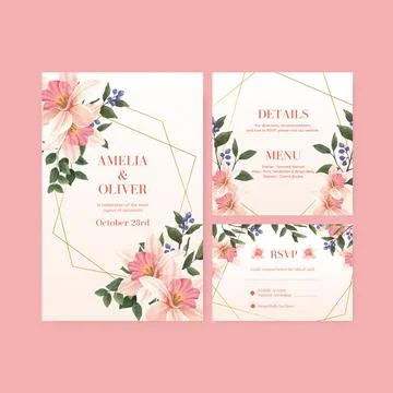 Wedding card template with spring flower concept,watercolor style Illustrazione stock