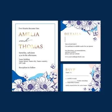 Wedding card template with spring line art concept design watercolor illustra Stock Illustration