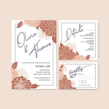 Wedding card template with spring line art concept design watercolor illustra Stock Illustration