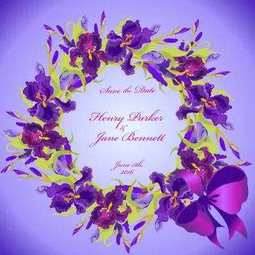 Wedding card with violet iris flower wreath background. Vector illustration Stock Illustration
