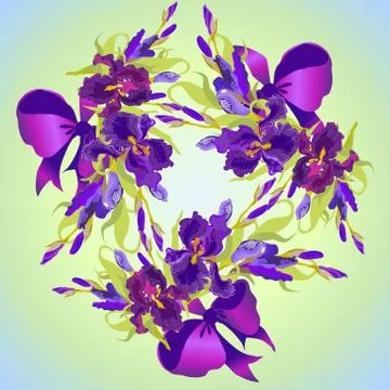 Wedding card with violet iris flower wreath background. Vector illustration Stock Illustration