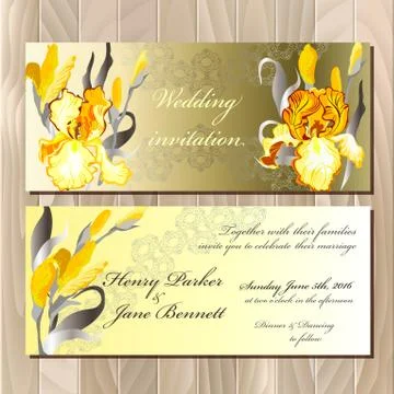 Wedding card with yellow iris bouquet background. Stock Illustration