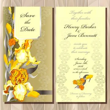 Wedding card with yellow iris bouquet background. Stock Illustration