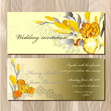 Wedding card with yellow iris bouquet background. Stock Illustration