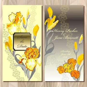 Wedding card with yellow iris flower bouquet background. Stock Illustration