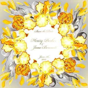 Wedding card with yellow irises wreath background. Stock Illustration