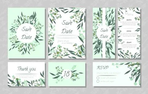 Wedding Cards with Eucalyptus. Stock Illustration