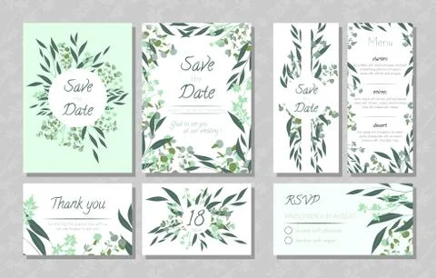 Wedding Cards with Eucalyptus. Stock Illustration