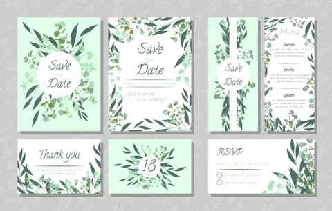 Wedding Cards with Eucalyptus. Stock Illustration