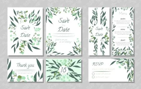 Wedding Cards with Eucalyptus. Stock Illustration