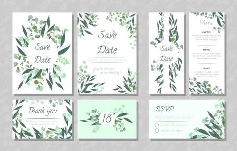 Wedding Cards with Eucalyptus. Stock Illustration