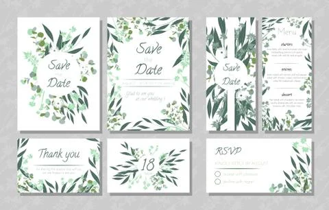 Wedding Cards with Eucalyptus. Stock Illustration