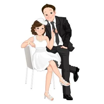Wedding cartoon, bride pulling on grooms tie, isolated Ilustración de archivo