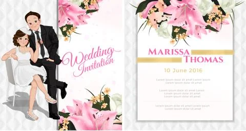 Wedding cartoon invitation card in luxury and modern style. Stock Illustration