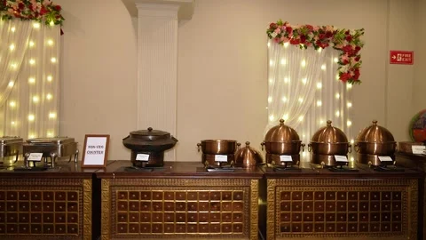 Wedding Catering Buffet Setup with Chafing Dishes Stock Footage 342110185