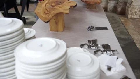 Wedding catering preparation, setting a welcome table for a wedding in.. 스톡 동영상 75334329