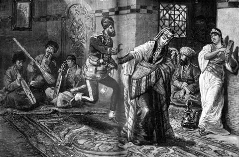A wedding in the Caucasus. This dance was something strange thing, vintage... Stock Photos