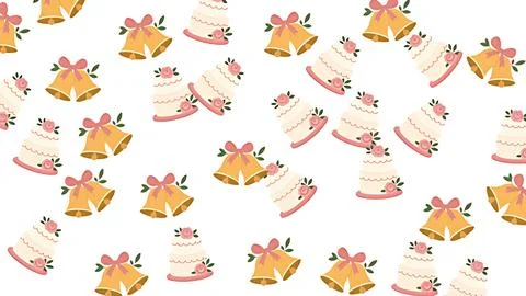 Wedding celebration pattern with cakes and golden bells on white background Stock Illustration