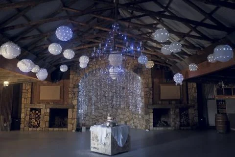 Wedding ceremonial corner decorated with string lights and balloons Stock Photos