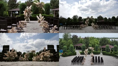 Wedding ceremony against cloudy blue sky,boho style wedding decor,arch with Stock Footage 279951148