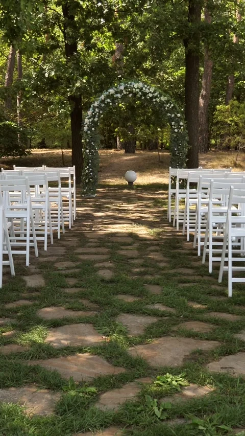 Wedding ceremony on the background of the forest, wedding decor, wedding arch. Stock Footage 303292252