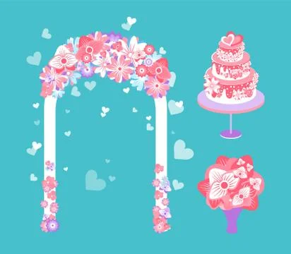 Wedding Ceremony Elements, Arch and Cake Bouquet Illustrazione stock