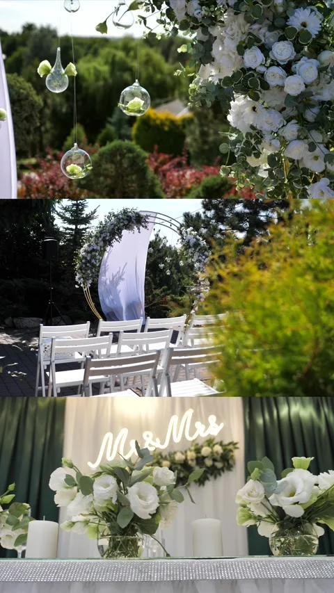 Wedding ceremony. Festive table setting. Luxurious event. Wedding arch. Collage Stock Footage 316844161