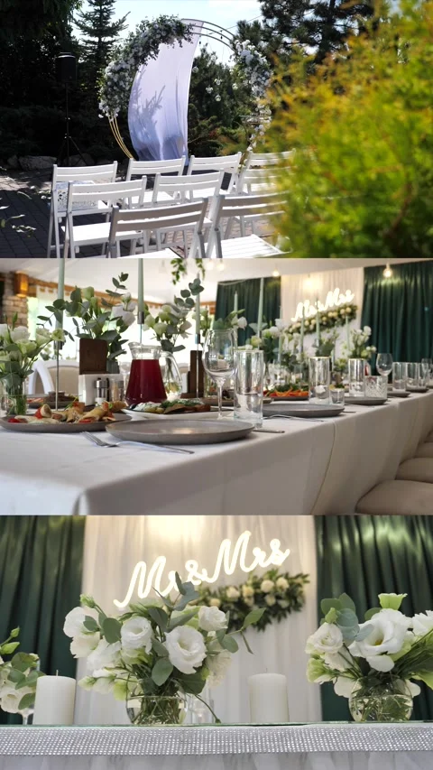 Wedding ceremony. Festive table setting. Luxurious event. Collage, Multiscreen Vídeos de archivo 316844163